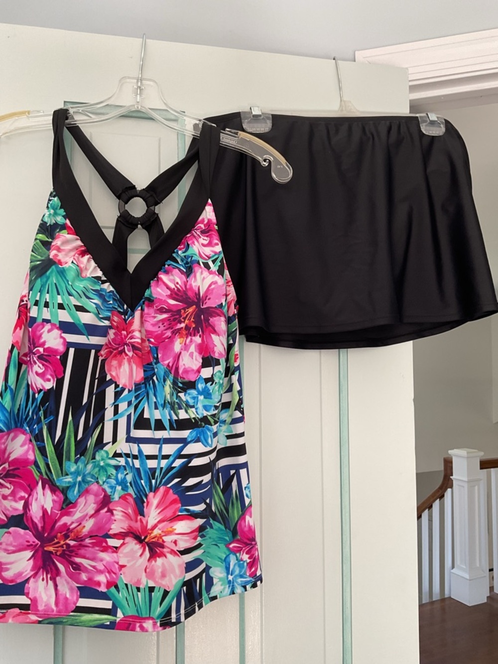 Floral Tankini Top with Black Swim Skirt